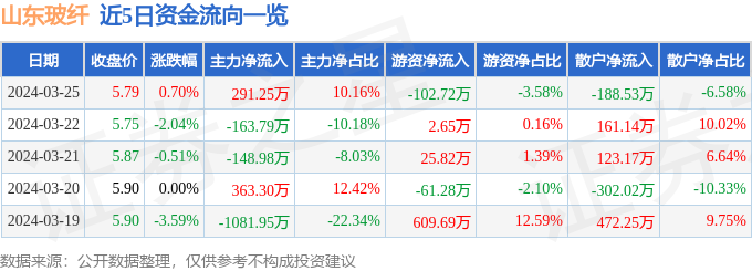 山东玻纤（605006）3月25日主力资金净买入29125万元